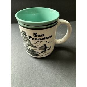 Vintage San Francisco California Confetti Mug White Green 1982 Trolley Bridge